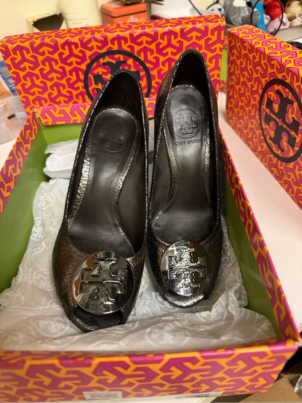 Tory Burch Metallic Black Logo Peep-Toe Heels